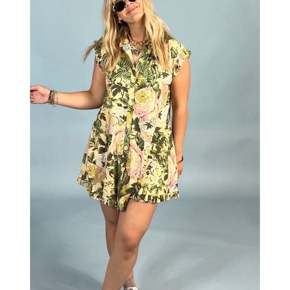 Talulah Linen Floral Button Mini Dress Yellow Pink Green boho cottage fairy   M